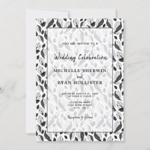 Elegant Black White Leaf Pattern Botanical Wedding Invitation