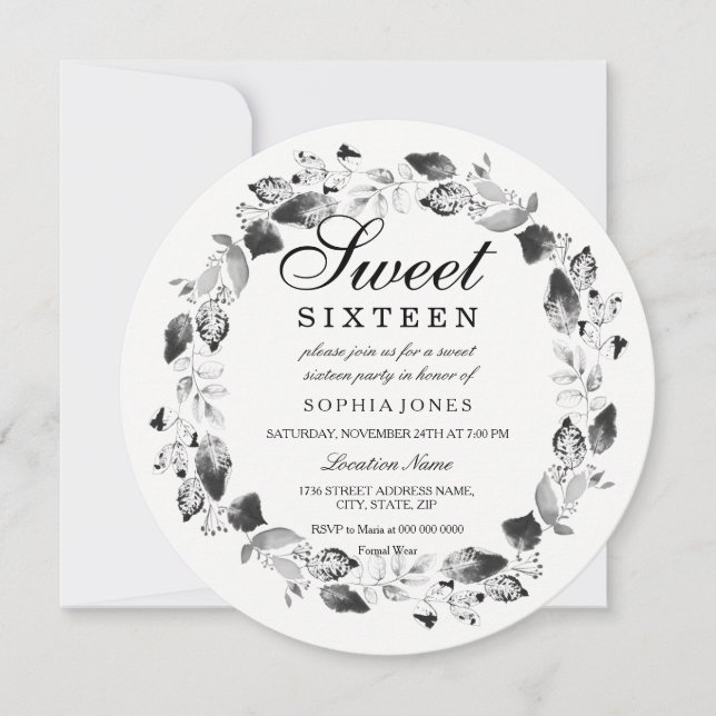 Elegant Black & White Leaf Wreath Sweet 16 Invite (Front)