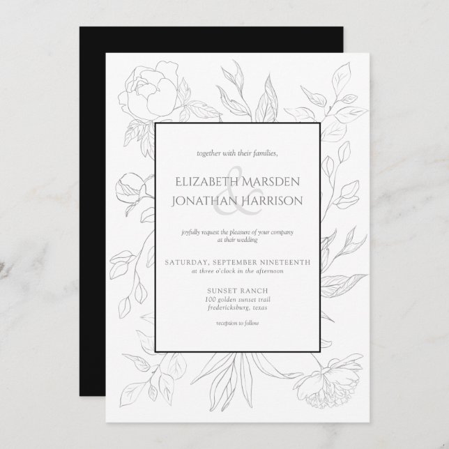Elegant Black & White Line Drawing Floral Invitation (Front/Back)