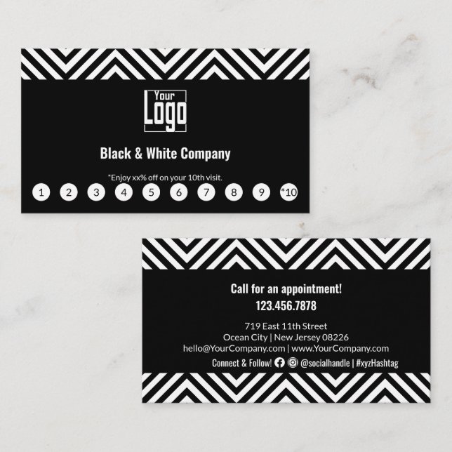 Elegant Black & White Logo Social Media Call Loyalty Card (Front/Back)