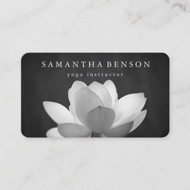 Elegant Black & white Lotus Flower Logo Yoga Business Card (Front)
