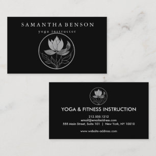 Elegant Black & white Lotus Flower Logo Yoga Business Card