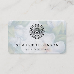 Elegant Black & white Lotus Flower Logo Yoga Business Card