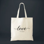 Elegant Black White Love Script Custom Wedding Tote Bag<br><div class="desc">Celebrate your special day with our "Timeless Love - Elegant Script Wedding Tote Bag." This beautifully designed tote bag features the word "Love" in a stunning and elegant script, perfect for embodying the romance and elegance of your wedding. Personalise this tote bag with your names and wedding date, making it...</div>