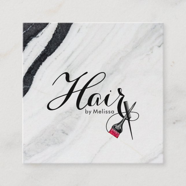  Elegant Black & White Marble Hair By Your Name Square Business Card (Front)