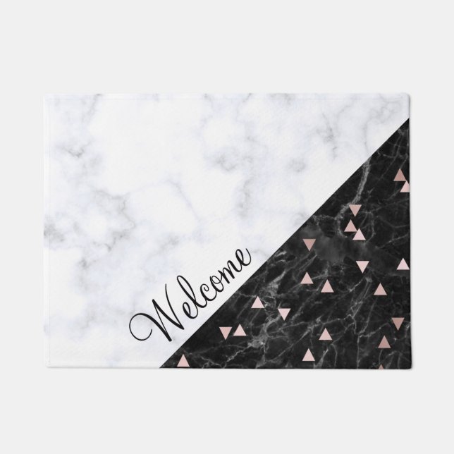 elegant black white marble rose gold geometric doormat (Front)