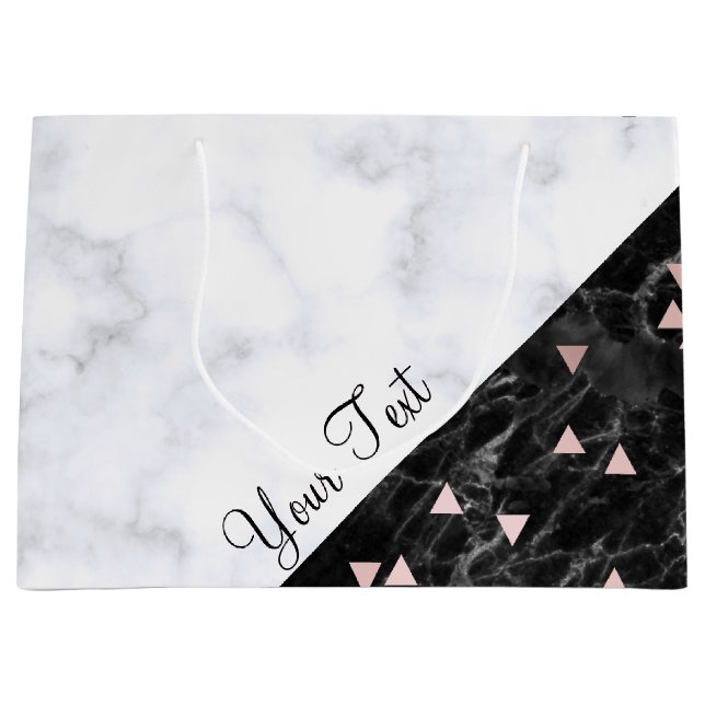 elegant black white marble rose gold geometric large gift bag (Front)