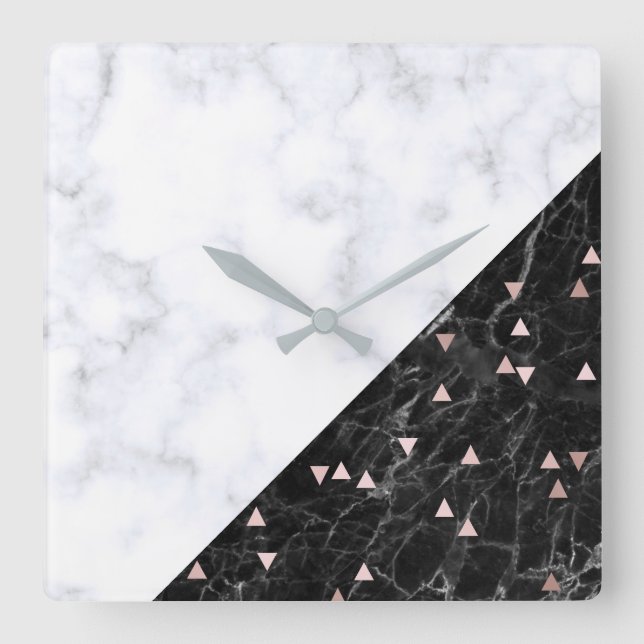 elegant black white marble rose gold geometric square wall clock (Front)