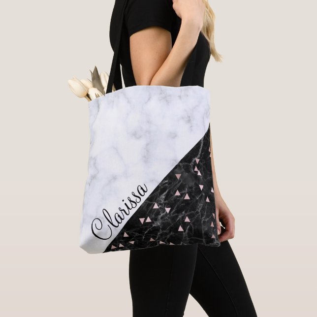 elegant black white marble rose gold geometric tote bag (Close Up)