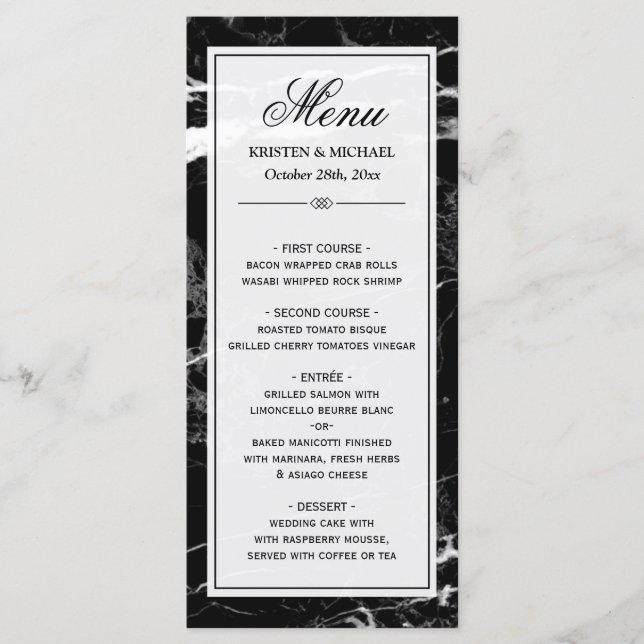 Elegant Black White Marble Wedding Menu Template (Front)