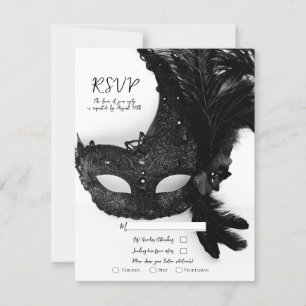 Elegant Black White Masquerade Mask Wedding RSVP Invitation