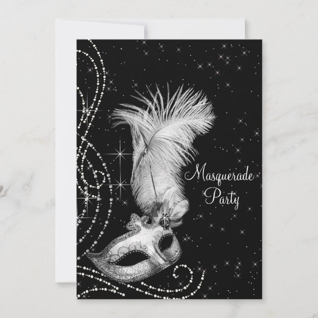 Elegant Black White Masquerade Party Invitation (Front)
