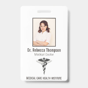 Elegant Black White Medical Caduceus Photo ID Badge