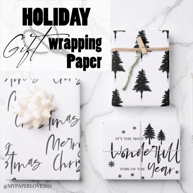 Elegant Black White Merry Christmas Quote Gift Wrapping Paper Sheet (Creator Uploaded)