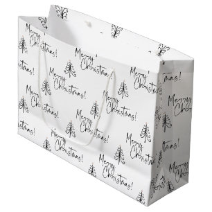 Elegant Black White Merry Christmas Tree Pattern Large Gift Bag