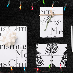 Elegant Black White Merry Christmas Tree Quote  Wrapping Paper Sheet