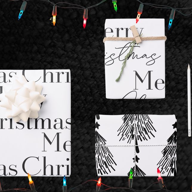 Elegant Black White Merry Christmas Tree Quote  Wrapping Paper Sheet (Creator Uploaded)
