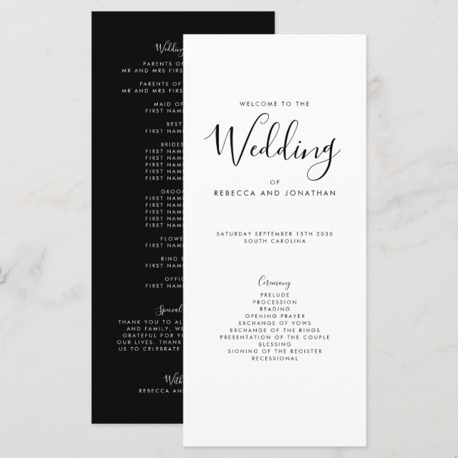 Elegant Black White Minimal Wedding Program (Front/Back)