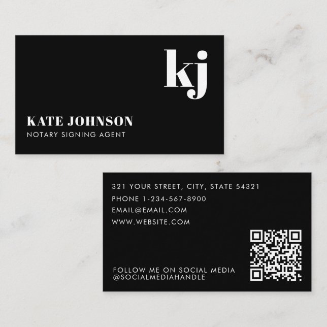 Elegant Black White Minimalist QR Code Monogram Business Card (Front/Back)