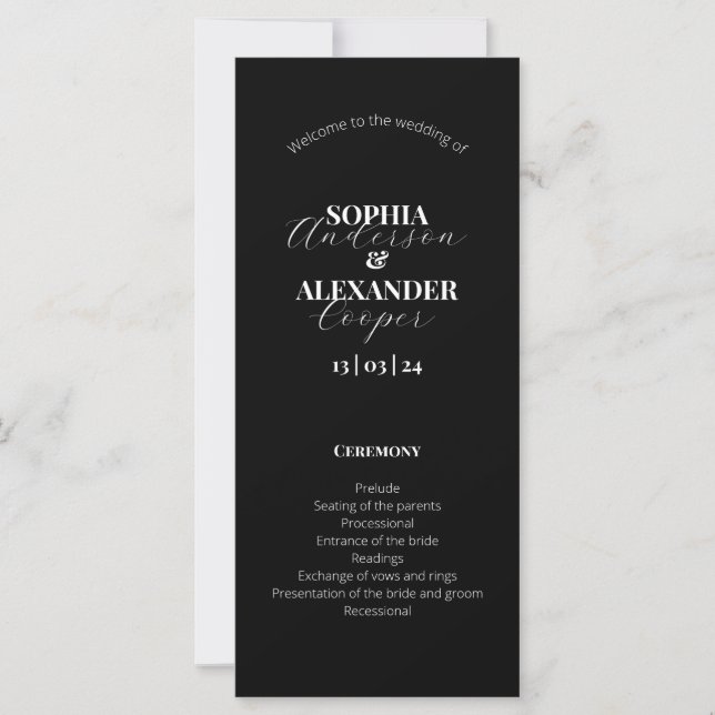 Elegant black & white minimalist Wedding Program  (Front)