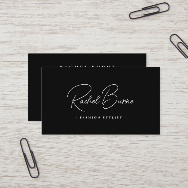 Elegant Black & White Modern Script Business Card (Front/Back In Situ)