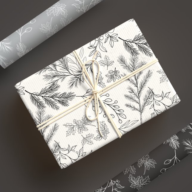 Elegant Black & White Monochrome Winter Botanicals Wrapping Paper Sheet (Creator Uploaded)