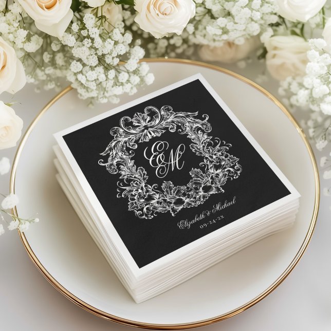 Elegant Black White Monogram Crest Script Wedding Napkin (Creator Uploaded)