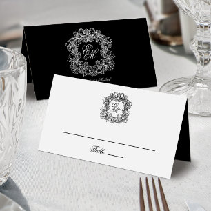 Elegant Black White Monogram Crest Vintage Wedding Place Card