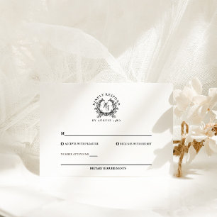 Elegant Black/White Monogram Crest Wedding RSVP Card