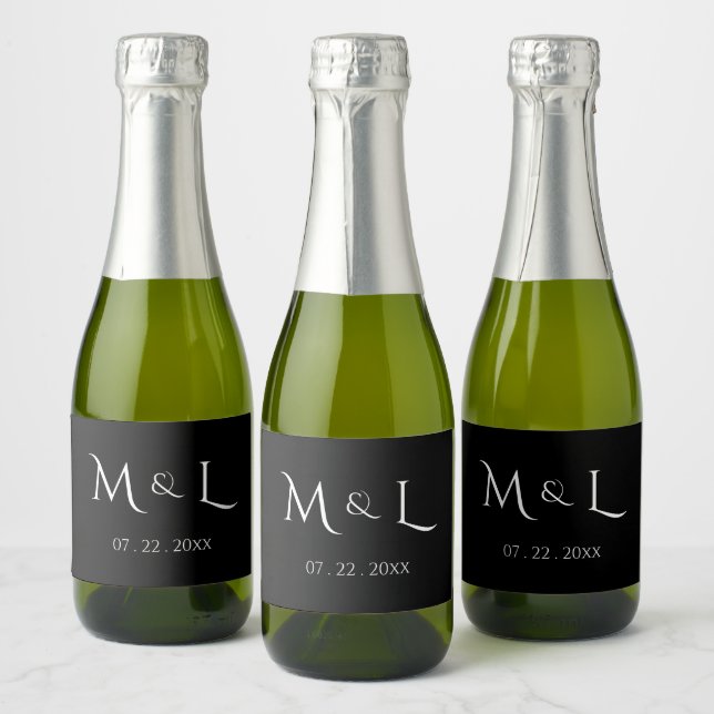 Elegant Black White Monogram & Date Wedding  Sparkling Wine Label (Bottles)