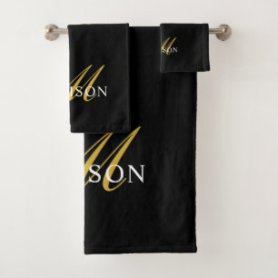 Elegant Black White Monogram Gold Script Bath Towel Set