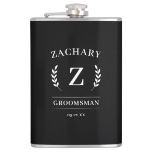 Elegant Black & White Monogram Groomsmen Gift Hip Flask