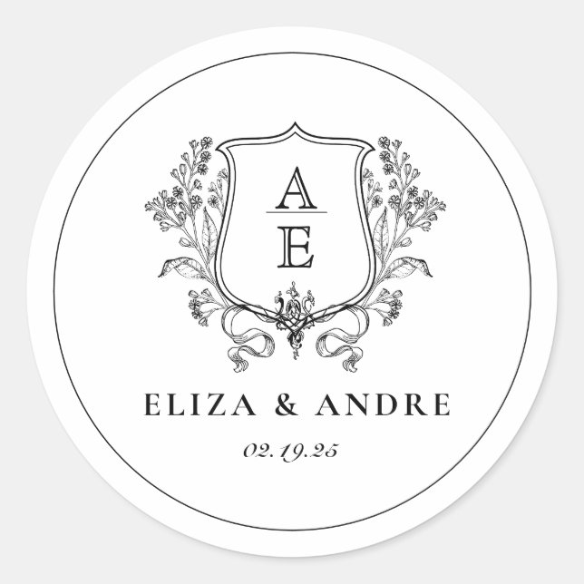 Elegant Black & White Monogram Leaf Crest Wedding Classic Round Sticker (Front)