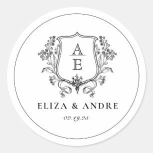 Elegant Black & White Monogram Leaf Crest Wedding Classic Round Sticker