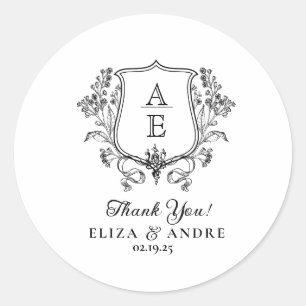 Elegant Black & White Monogram Leaf Crest Wedding Classic Round Sticker