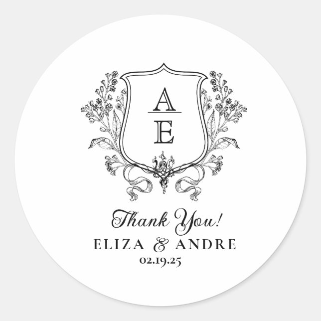 Elegant Black & White Monogram Leaf Crest Wedding Classic Round Sticker (Front)