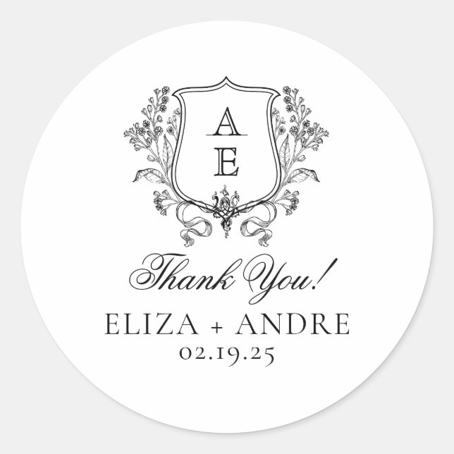 Elegant Black & White Monogram Leaf Crest Wedding Classic Round Sticker (Front)