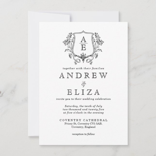 Elegant Black & White Monogram Leaf Crest Wedding Invitation (Front)