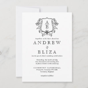 Elegant Black & White Monogram Leaf Crest Wedding Invitation