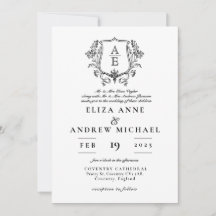 Elegant Black & White Monogram Leaf Crest Wedding