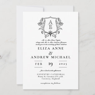 Elegant Black & White Monogram Leaf Crest Wedding Invitation