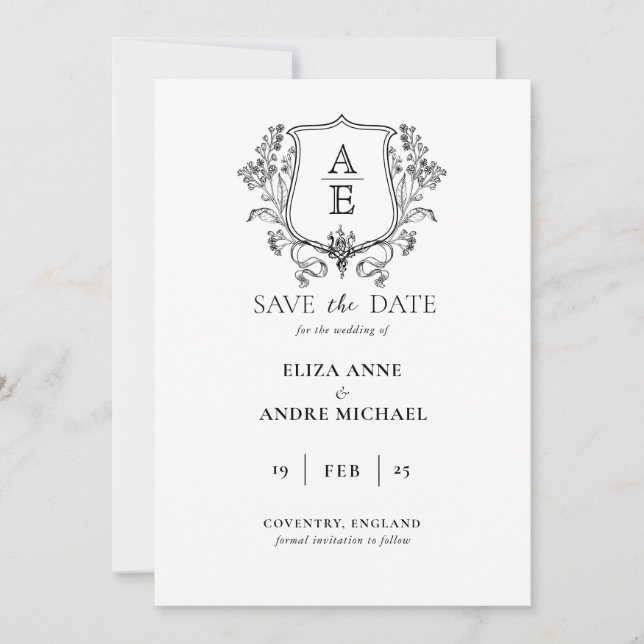 Elegant Black & White Monogram Leaf Crest Wedding Save The Date (Front)