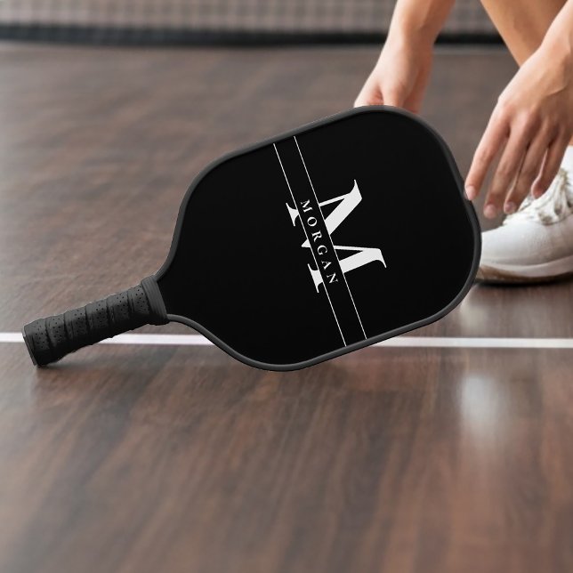 Elegant Black White Monogram Name personalised Pickleball Paddle (Personalized monogrammed pickleball paddle, modern, youthful, high-end athlete)