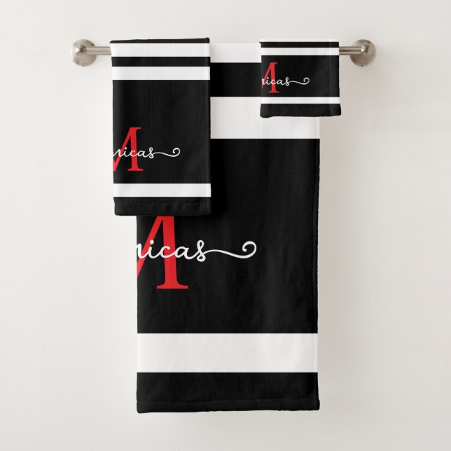 Elegant Black White Monogram Personalised Name  Bath Towel Set (Insitu)