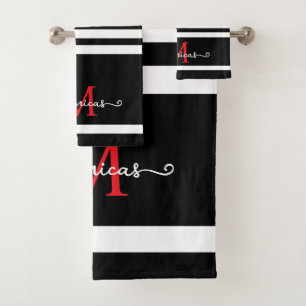 Elegant Black White Monogram Personalized Name Bath Towel Set