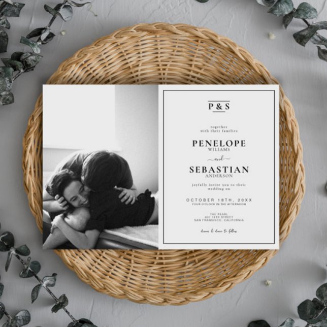 Elegant Black & White Monogram Photo Wedding       Invitation (Creator Uploaded)