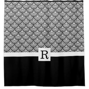 Elegant Black White Monogram Scale Scallop Pattern Shower Curtain