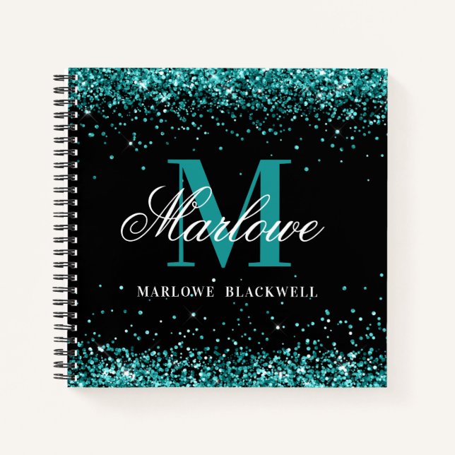 Elegant Black White Monogram Teal Glitter Notebook (Front)