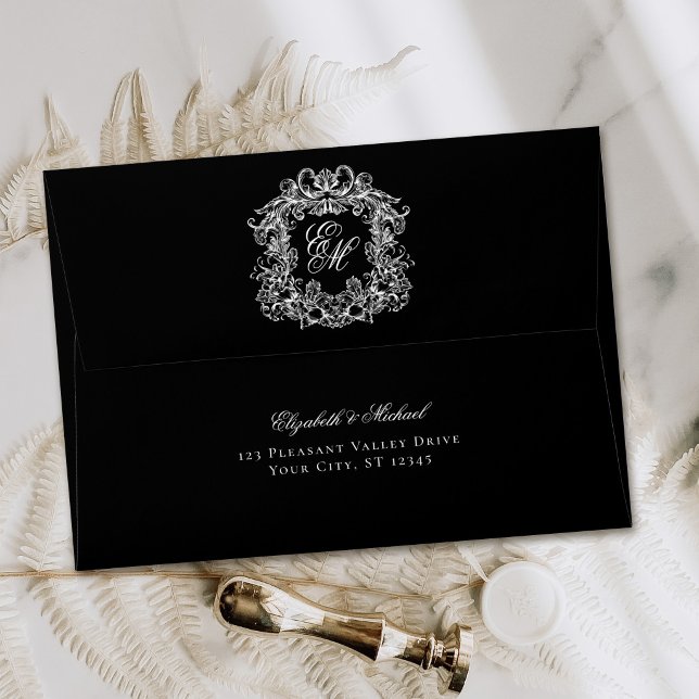 Elegant Black White Monogram Wedding Crest Envelope (Creator Uploaded)