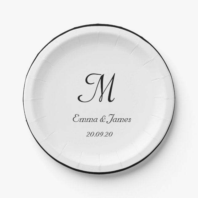 Elegant Black & White Monogram Wedding Paper Plate (Front)